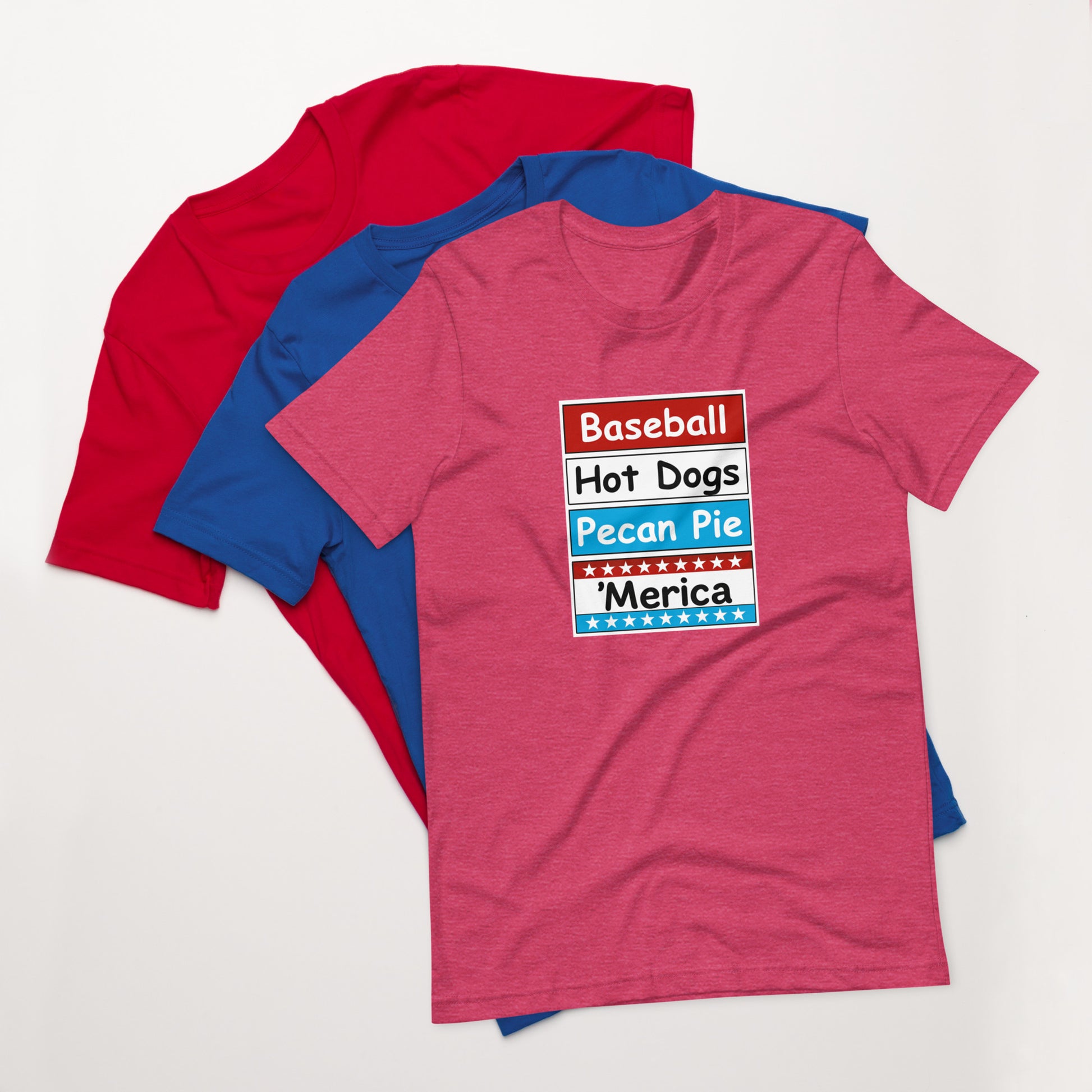Patriotic t-shirt with bold red, white, and blue stacked Merica design on the front.