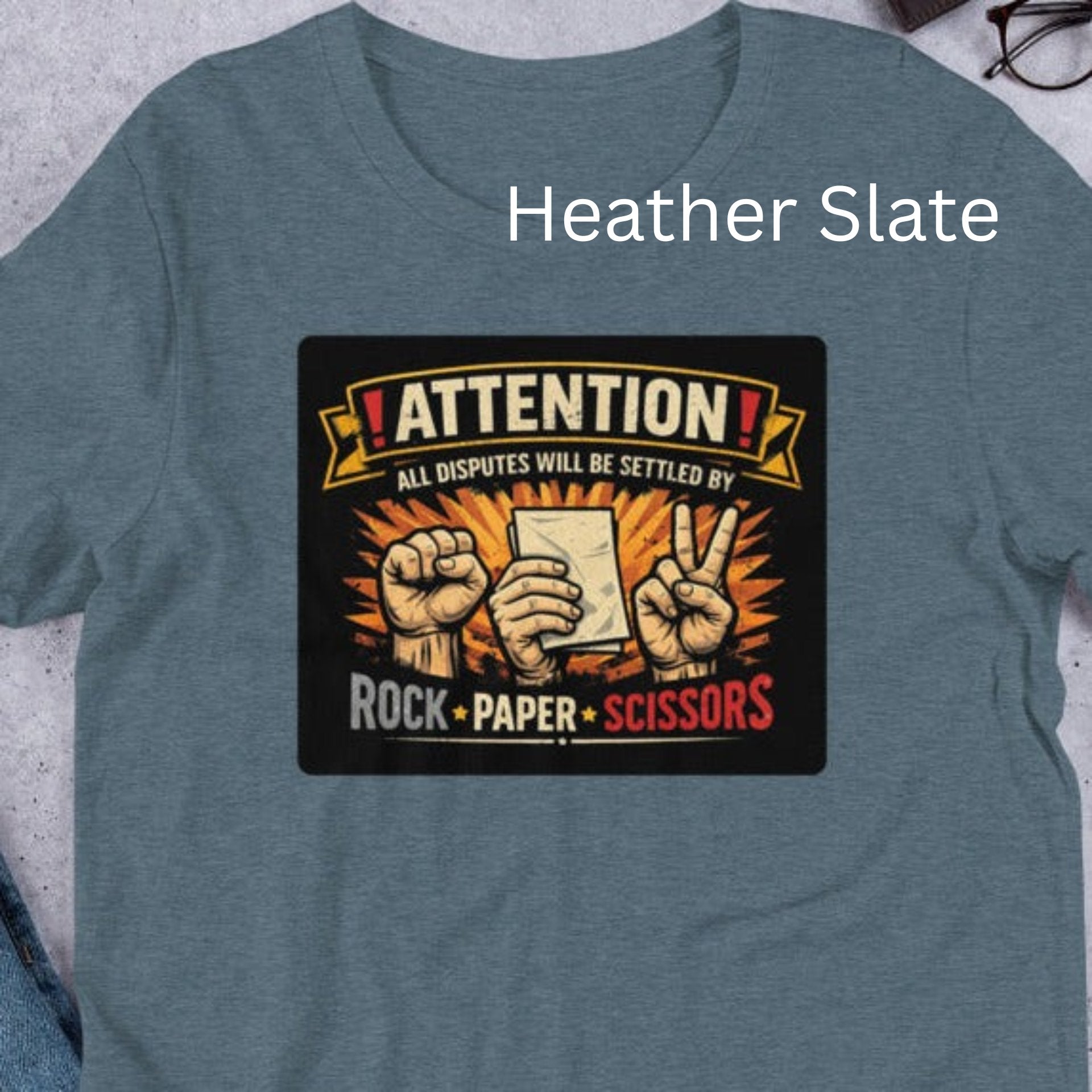 “Funny rock paper scissors t shirt with bold vintage graphic on Bella Canvas 3001”