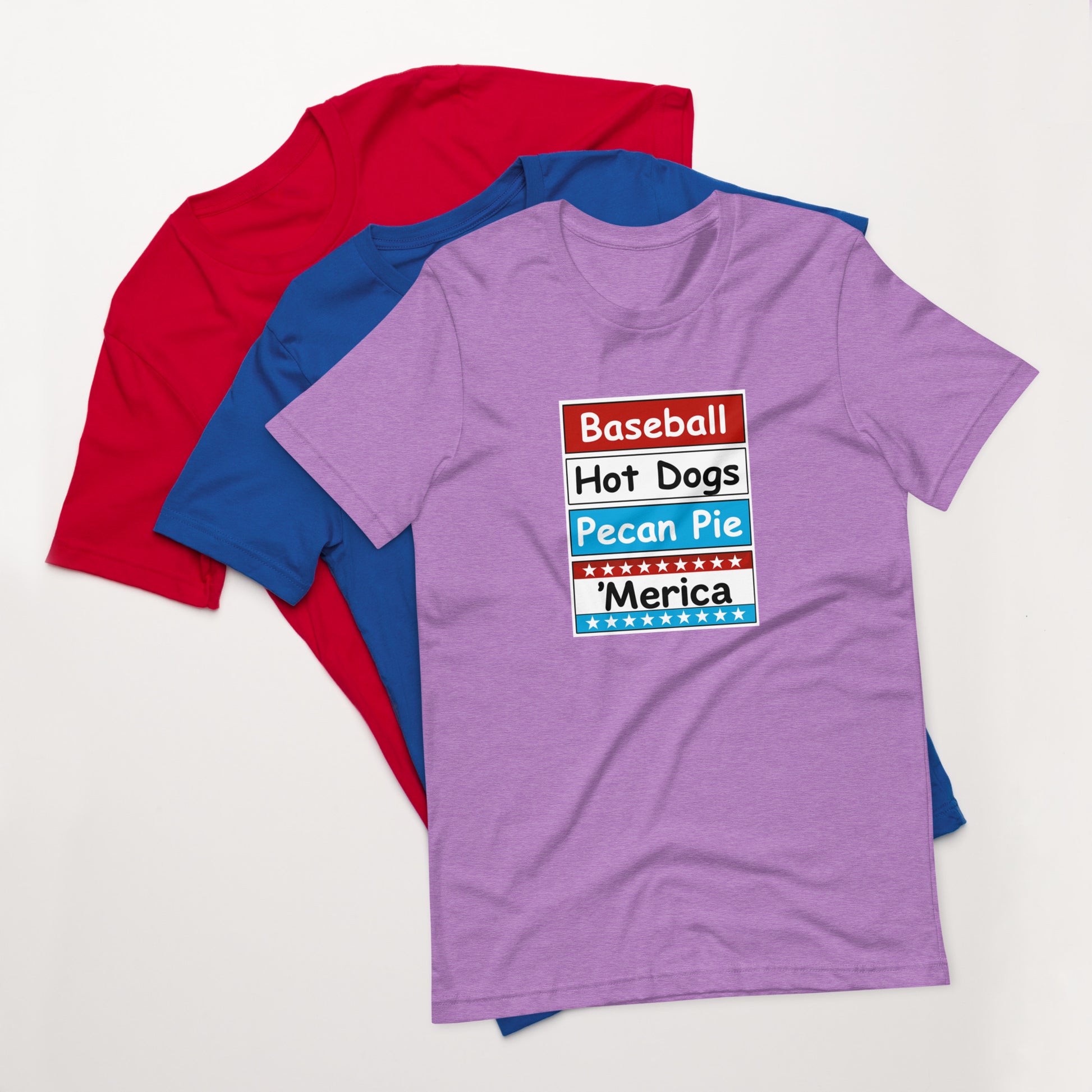 Patriotic t-shirt with bold red, white, and blue stacked Merica design on the front.