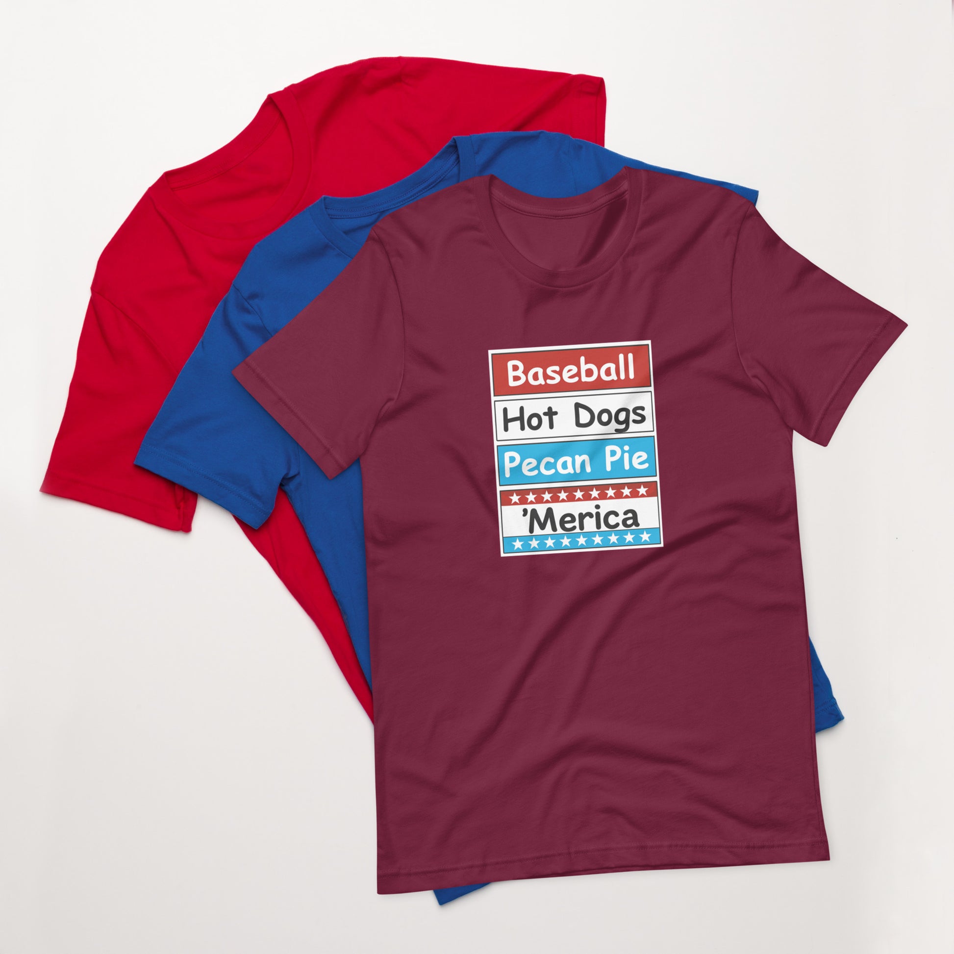 Patriotic t-shirt with bold red, white, and blue stacked Merica design on the front.