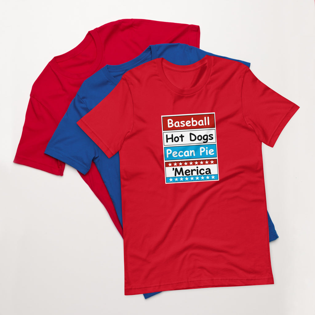 Patriotic t-shirt with bold red, white, and blue stacked Merica design on the front.