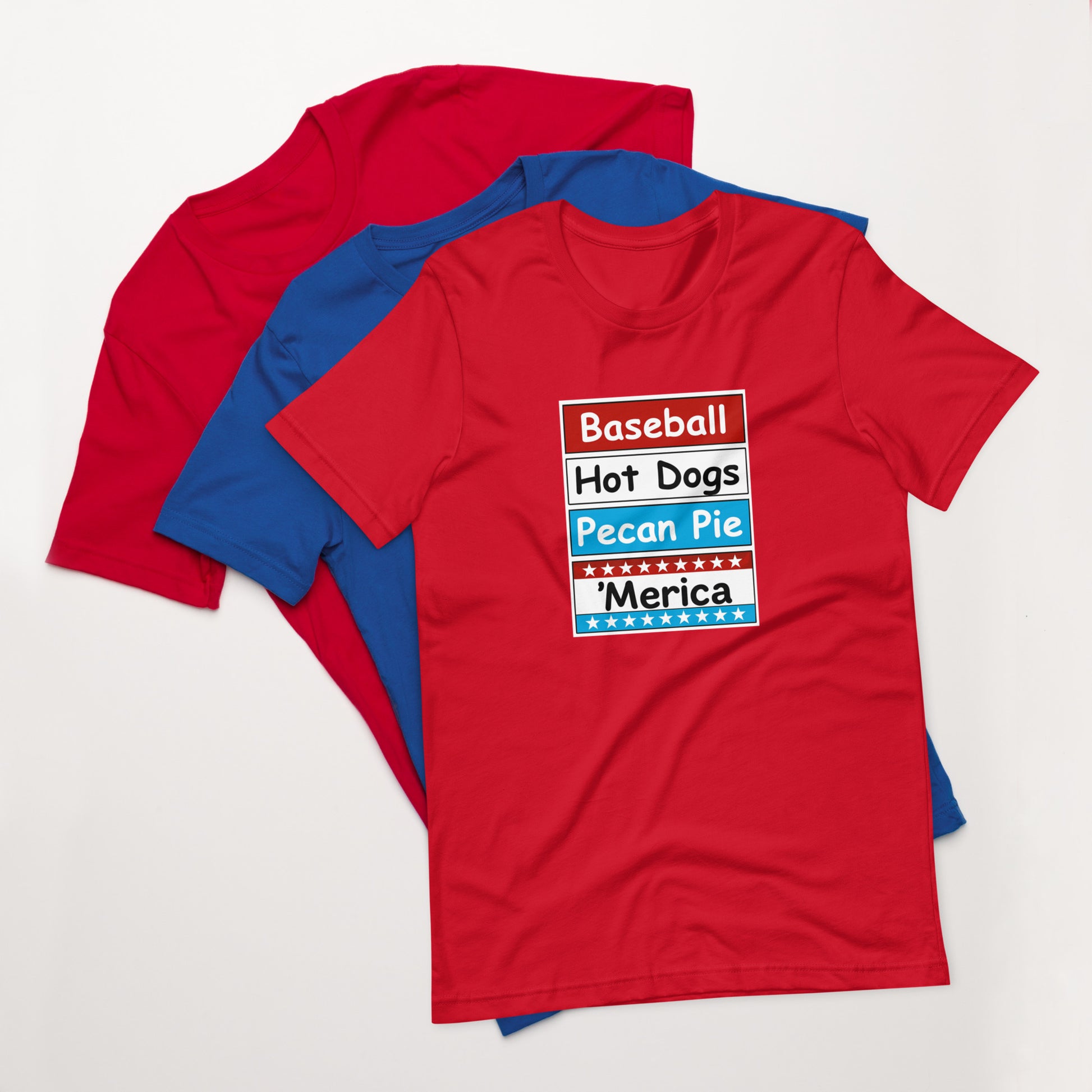 Patriotic t-shirt with bold red, white, and blue stacked Merica design on the front.