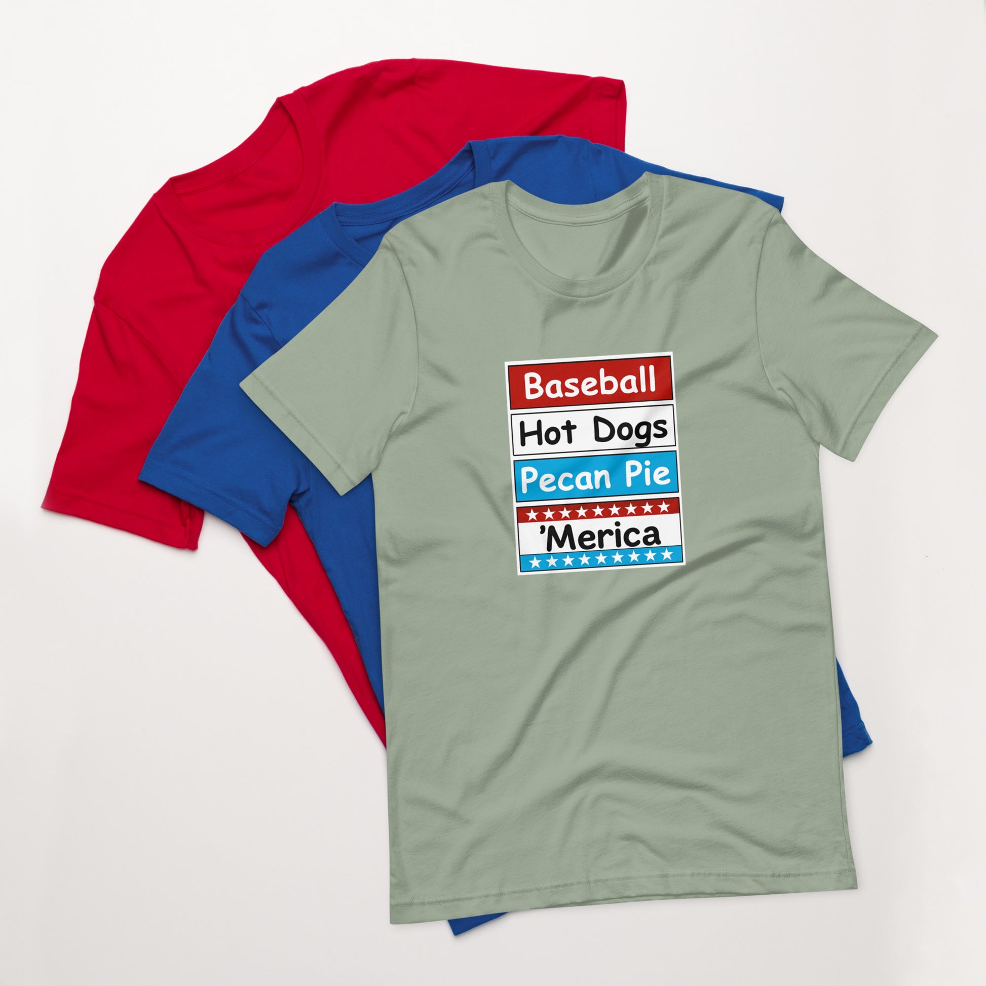 Patriotic t-shirt with bold red, white, and blue stacked Merica design on the front.