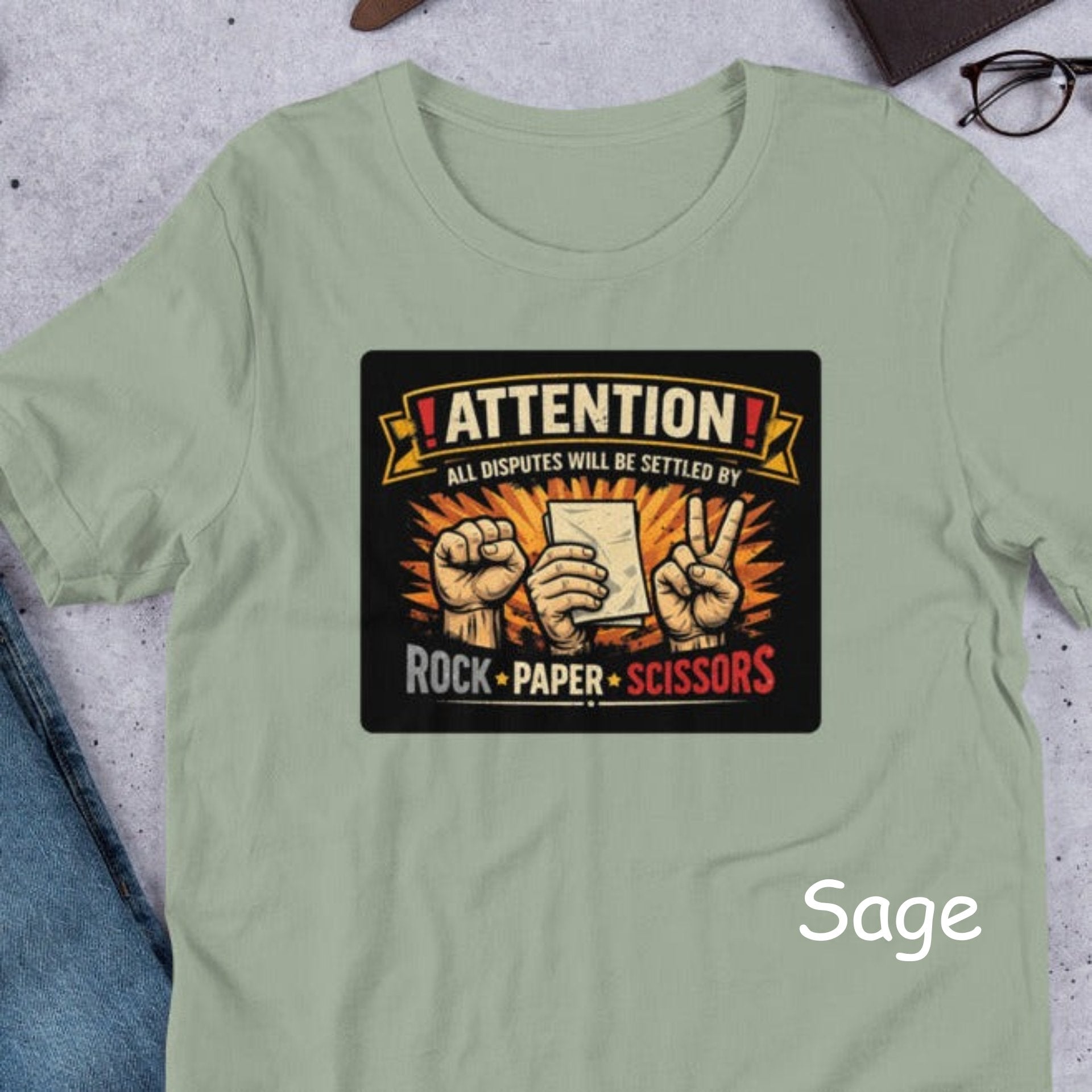 “Funny rock paper scissors t shirt with bold vintage graphic on Bella Canvas 3001”
