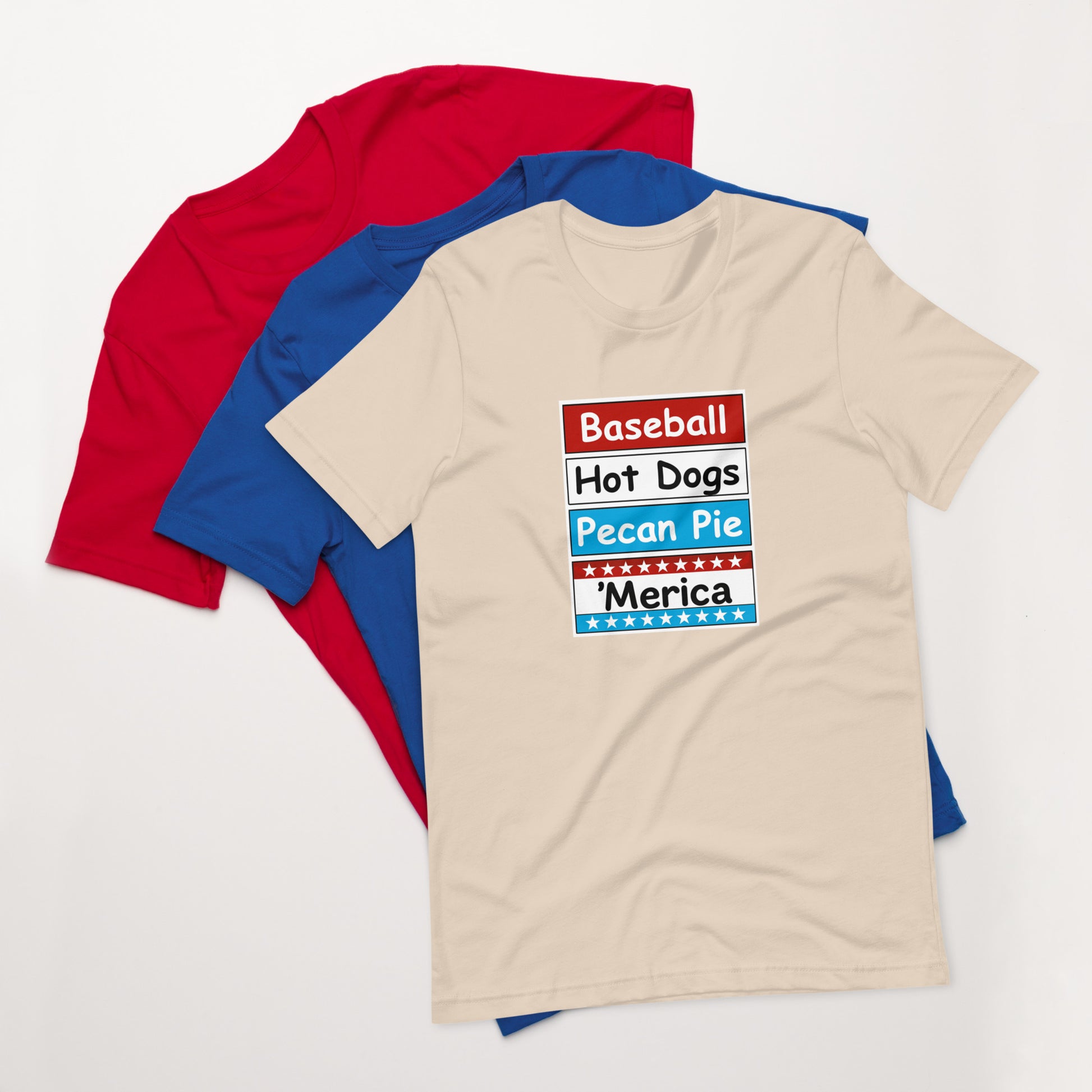 Patriotic t-shirt with bold red, white, and blue stacked Merica design on the front.