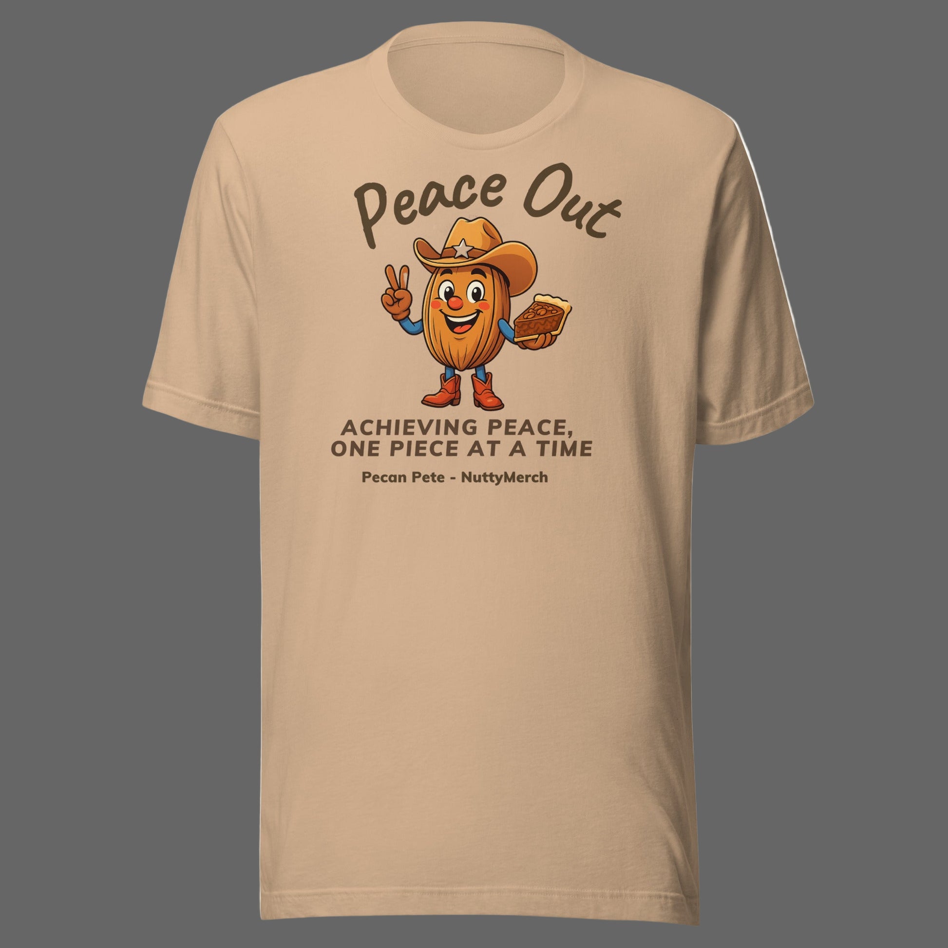 PrUnisex heathered T-shirt with "KEEP CALM AND EAT PECAN PIE" graphic and illustrated pecan pie slice, styled in various lifestyle scenes including porch, playground, BBQ, and holiday settings.oduct mockup