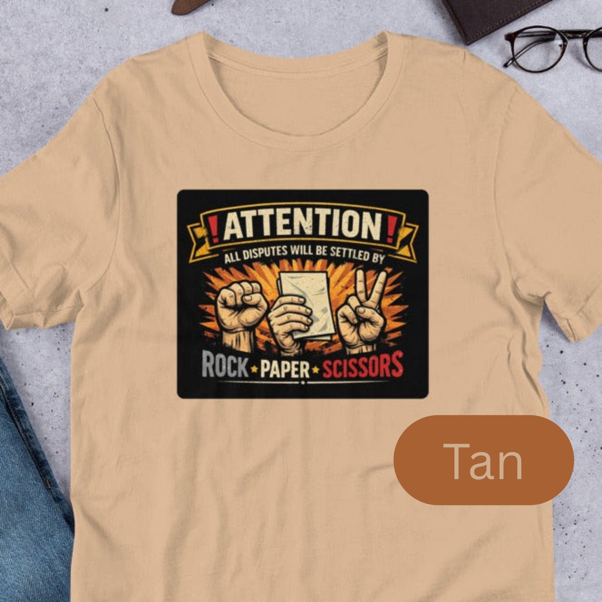 “Funny rock paper scissors t shirt with bold vintage graphic on Bella Canvas 3001”