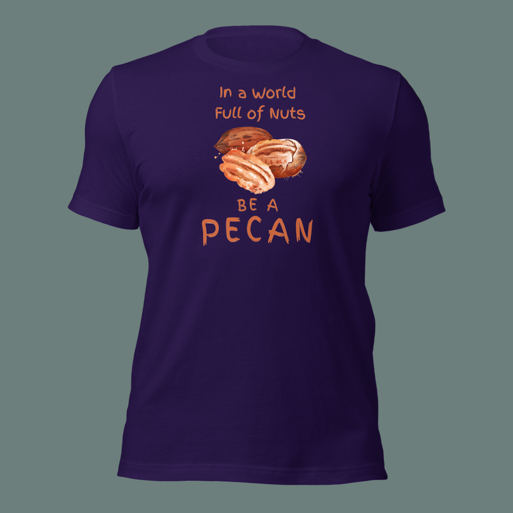 Cartoon-style Pecan Pete on a Bella+Canvas 3001C t-shirt with the slogan “In a world full of nuts, be a pecan.” A playful, humorous design celebrating pecans with a small NuttyMerch logo printed on the back near the neck.