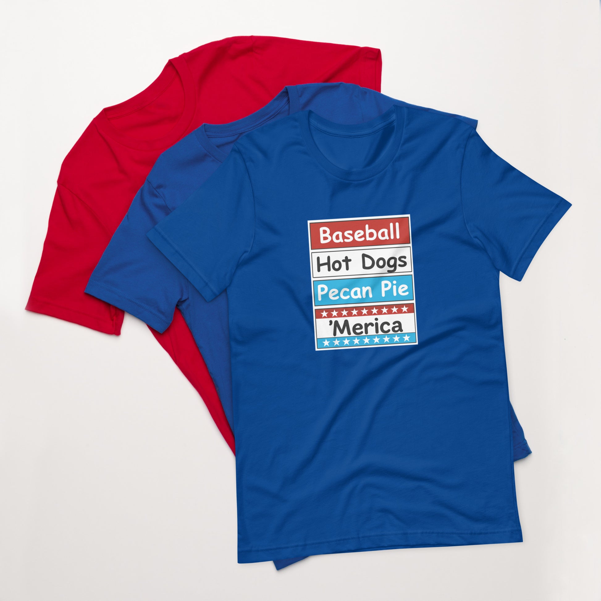 Patriotic t-shirt with bold red, white, and blue stacked Merica design on the front.