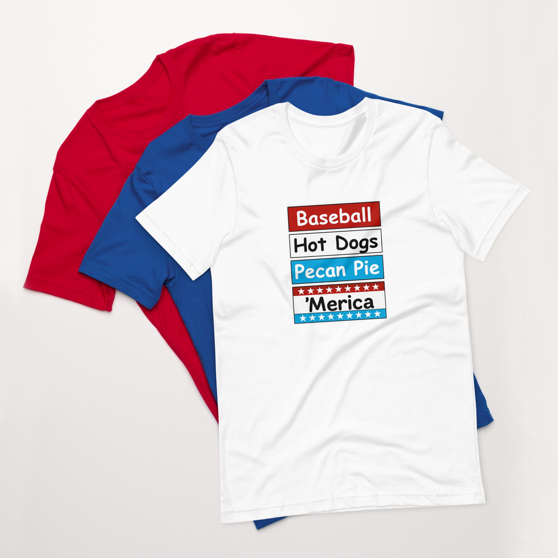 Patriotic t-shirt with bold red, white, and blue stacked Merica design on the front.