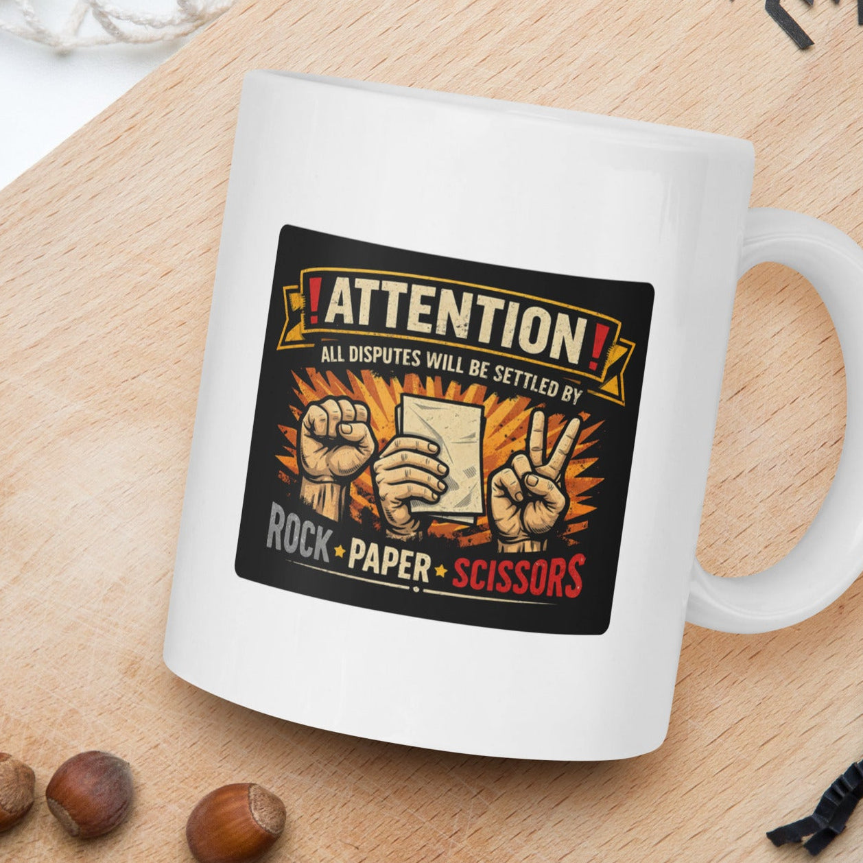 “Funny rock paper scissors 11 oz white ceramic mug with bold graphic on front”