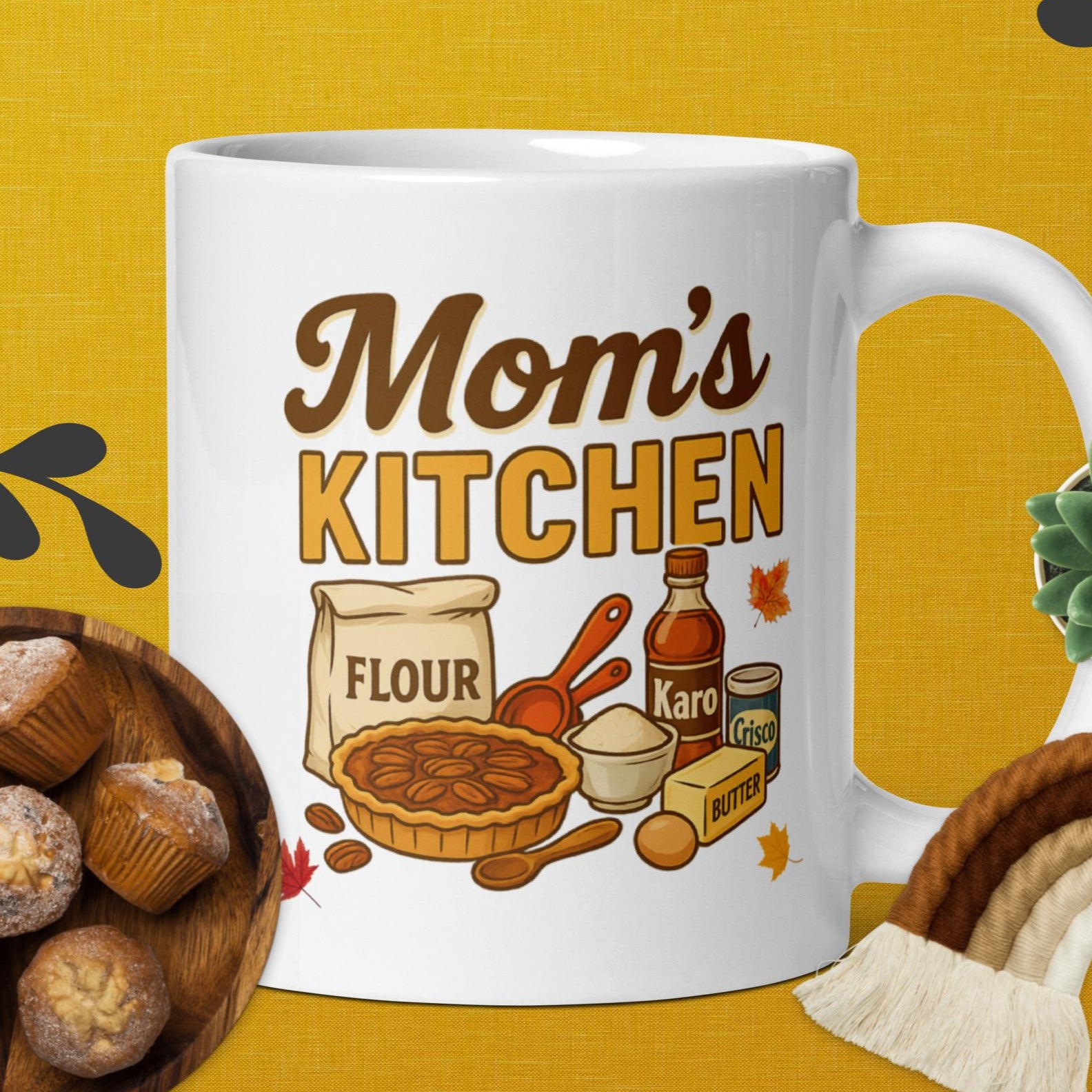 Mom’s Kitchen retro coffee mug with pecan pie baking design on 11oz white ceramic